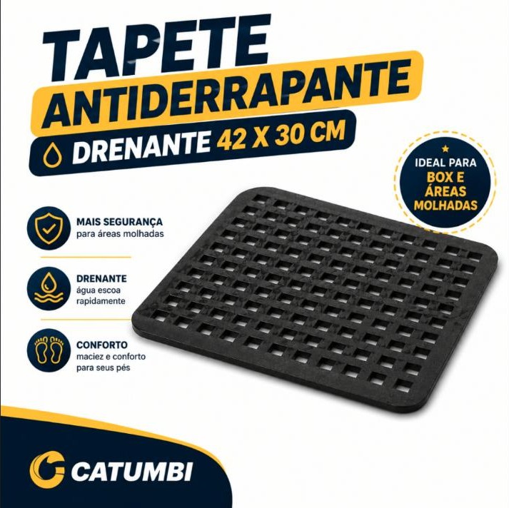 Tapete Antiderrapante para Box Banheiro Borracha Drenante Preto 42x30 Catumbi 1 ou 2 Unidades